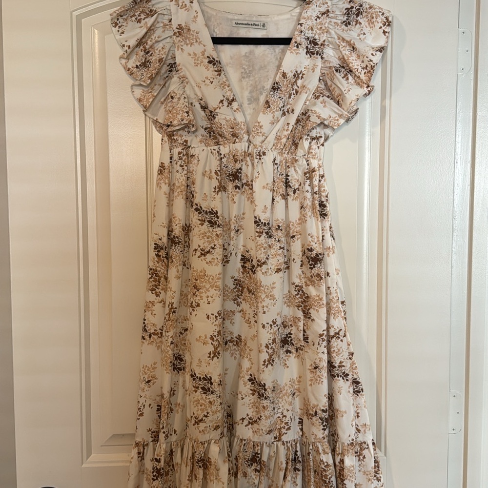 Abercrombie & Fitch Cream Ruffled Maxi Dress with V-Neck